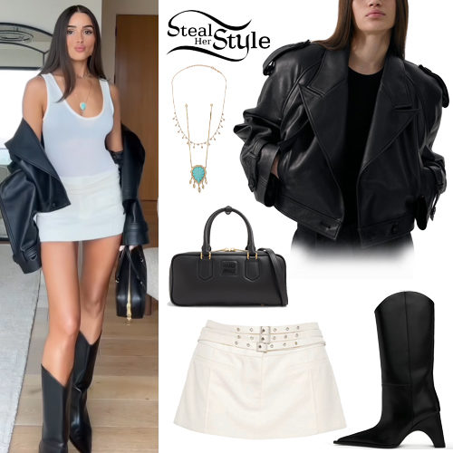 Olivia Culpo: Leather Jacket, White Skirt - Fashnfly