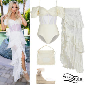 Paris Hilton: White Bodysuit, Crochet Skirt