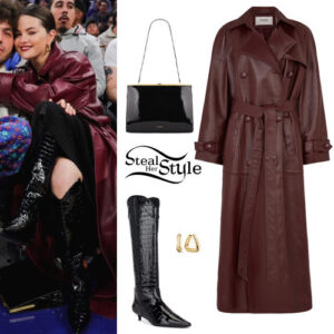 Selena Gomez: Burgundy Leather Coat, Black Boots