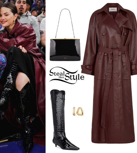 Selena Gomez: Burgundy Leather Coat, Black Boots