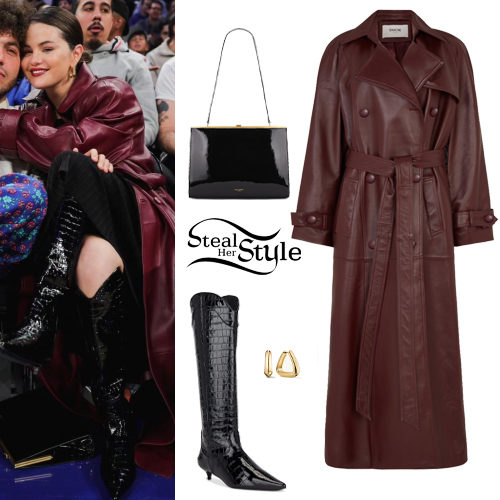 Selena Gomez: Burgundy Leather Coat, Black Boots - Fashnfly