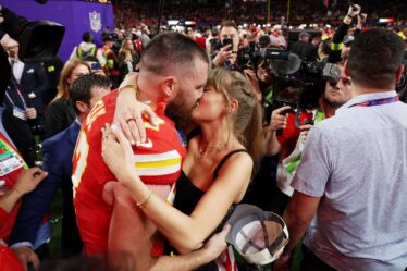 LAS VEGAS NEVADA  FEBRUARY 11 Travis Kelce 87 of the Kansas City Chiefs and Taylor Swift embrace after defeating the San...
