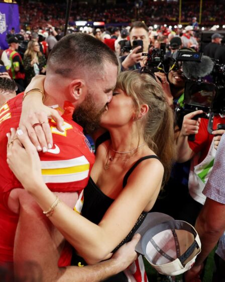 LAS VEGAS NEVADA  FEBRUARY 11 Travis Kelce 87 of the Kansas City Chiefs and Taylor Swift embrace after defeating the San...