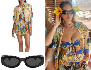 Sydney Sweeney's Zimmermann Alight Shirt, Shorts, Scarf Tie Two-Piece Swimsuit & Miu Miu Sunglasses