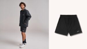 image on the left of man wearing dark athletic shorts and a coach's jacket, on the right, a close-up of the shorts on their own