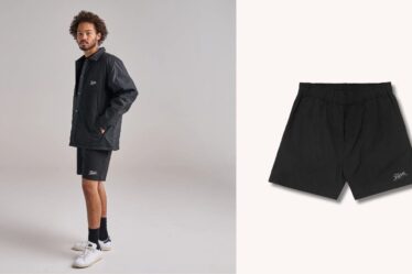 image on the left of man wearing dark athletic shorts and a coach's jacket, on the right, a close-up of the shorts on their own