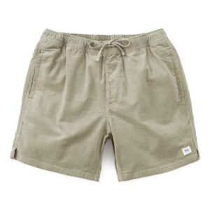 pair of khaki-colored corduroy drawstring shorts against a white background