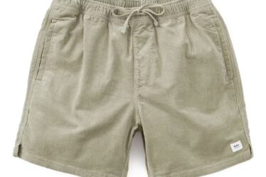 pair of khaki-colored corduroy drawstring shorts against a white background