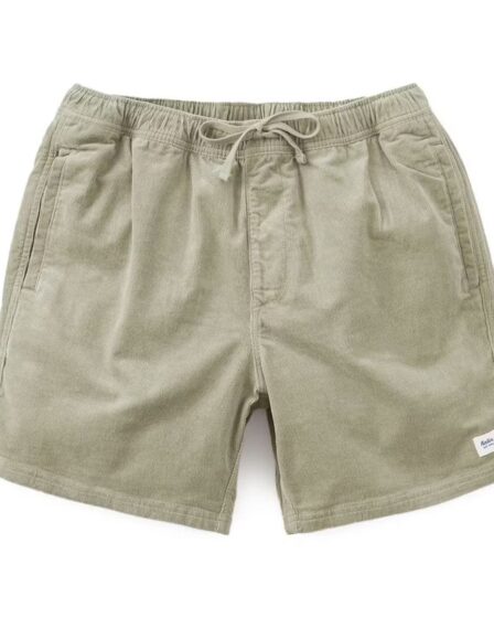 pair of khaki-colored corduroy drawstring shorts against a white background