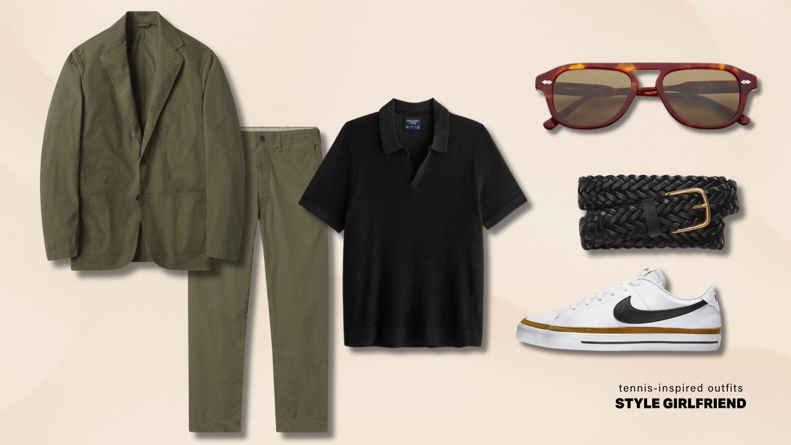flat lay image of a casual men's suit with a black knit polo, sunglasses, braided belt, and white tennis shoes