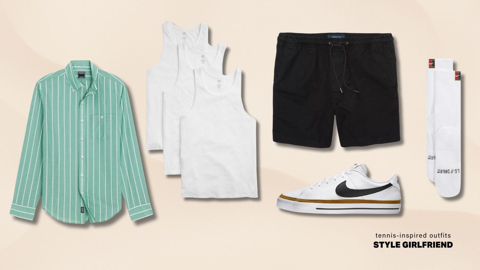casual men's shorts outfit with green striped shirt, trio of white sleeveless undershirts, black drawstring shorts, tall white socks and white tennis shoes