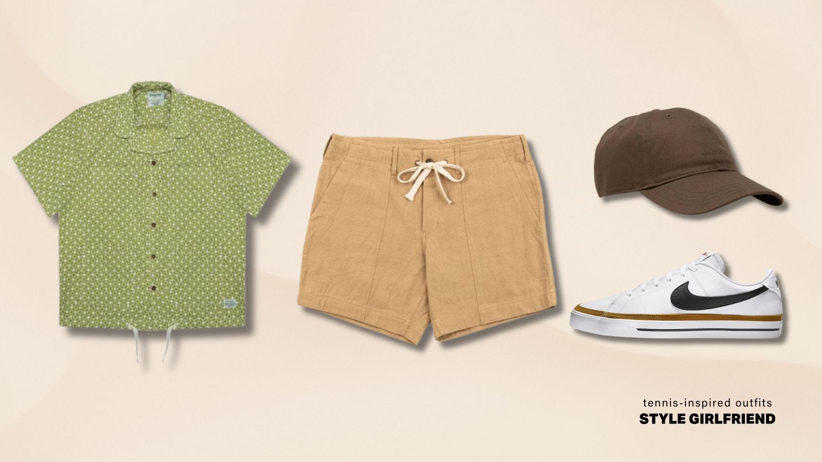 flat lay image of a casual men's summer outfit featuring a short-sleeve green button down shirt, tan drawstring shorts, a brown baseball cap and white tennis sneakers