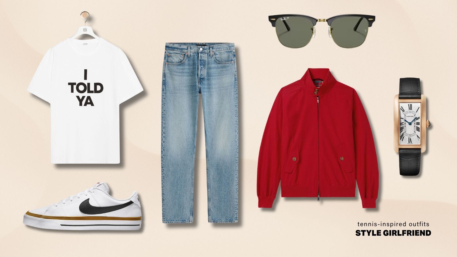 flat lay image of a casual men's outfit with the 'I told ya' t-shirt from the Challengers movie, also featured; jeans, a red Harrington jacket, clubmaster sunglasses and a cartier watch