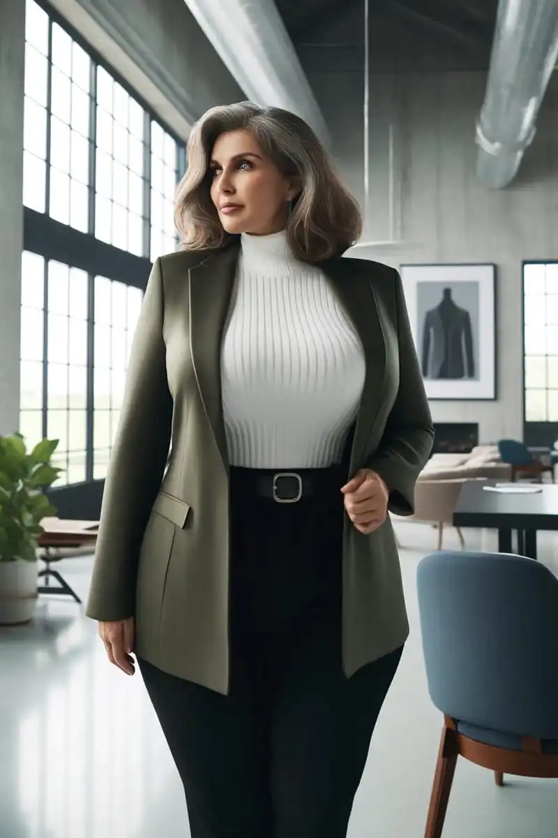 Woman wearing olive green blazer over white turtleneck with jeans.