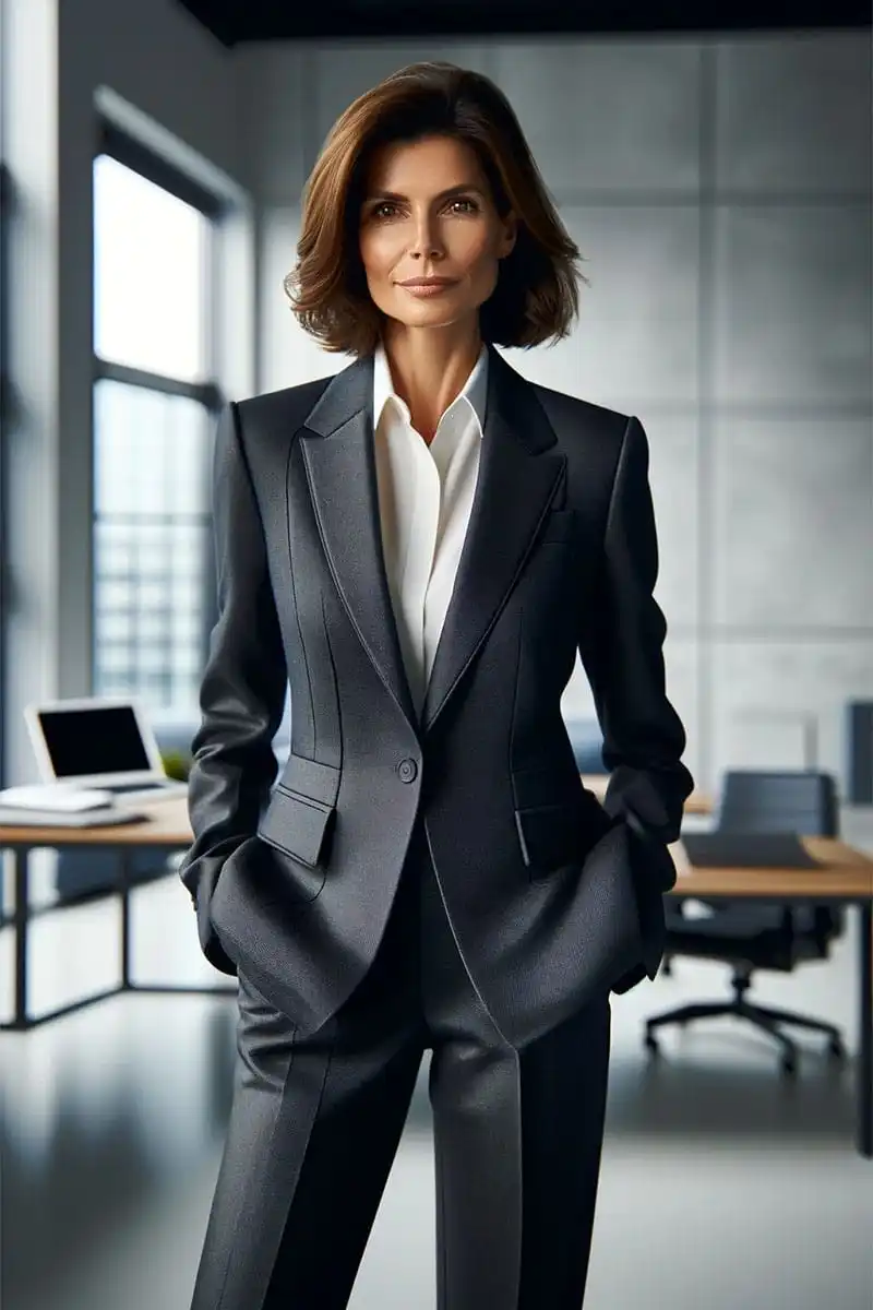 Woman wearing blazer and matching pants in an office.