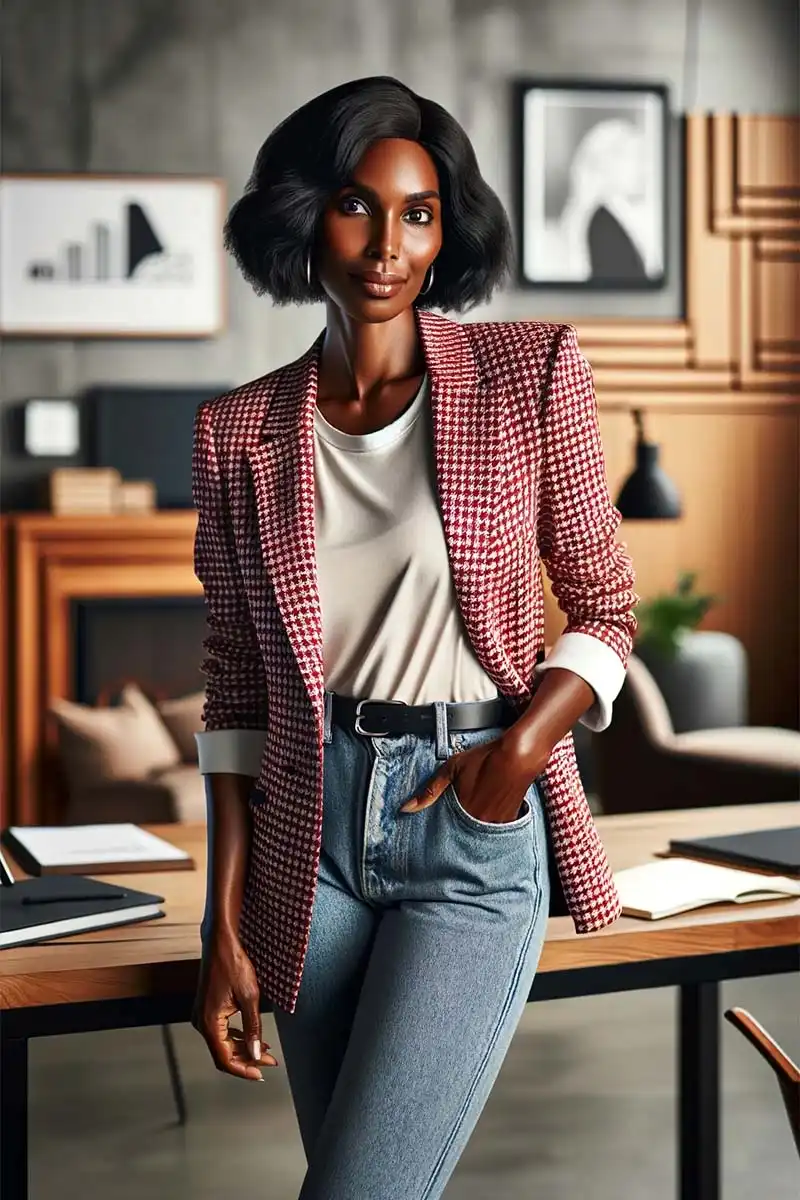 Woman wearing red checked blazer with white t-shirt and jeans. 