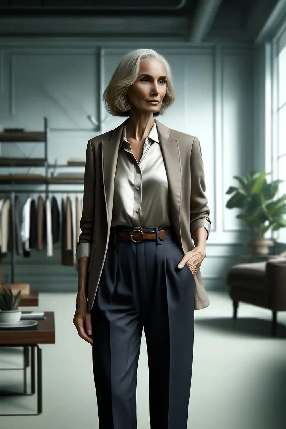 Fashionable older woman wearing blouse, blazer, and twill pants.