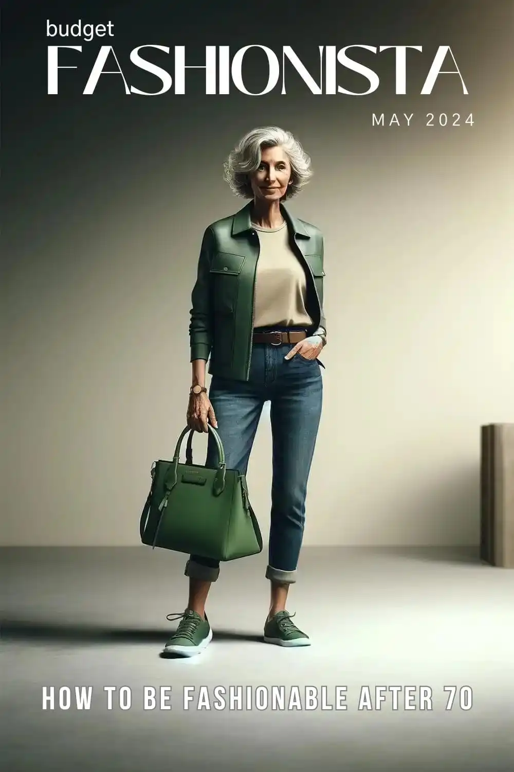 Older woman wearing stylish green jacket with jeans.