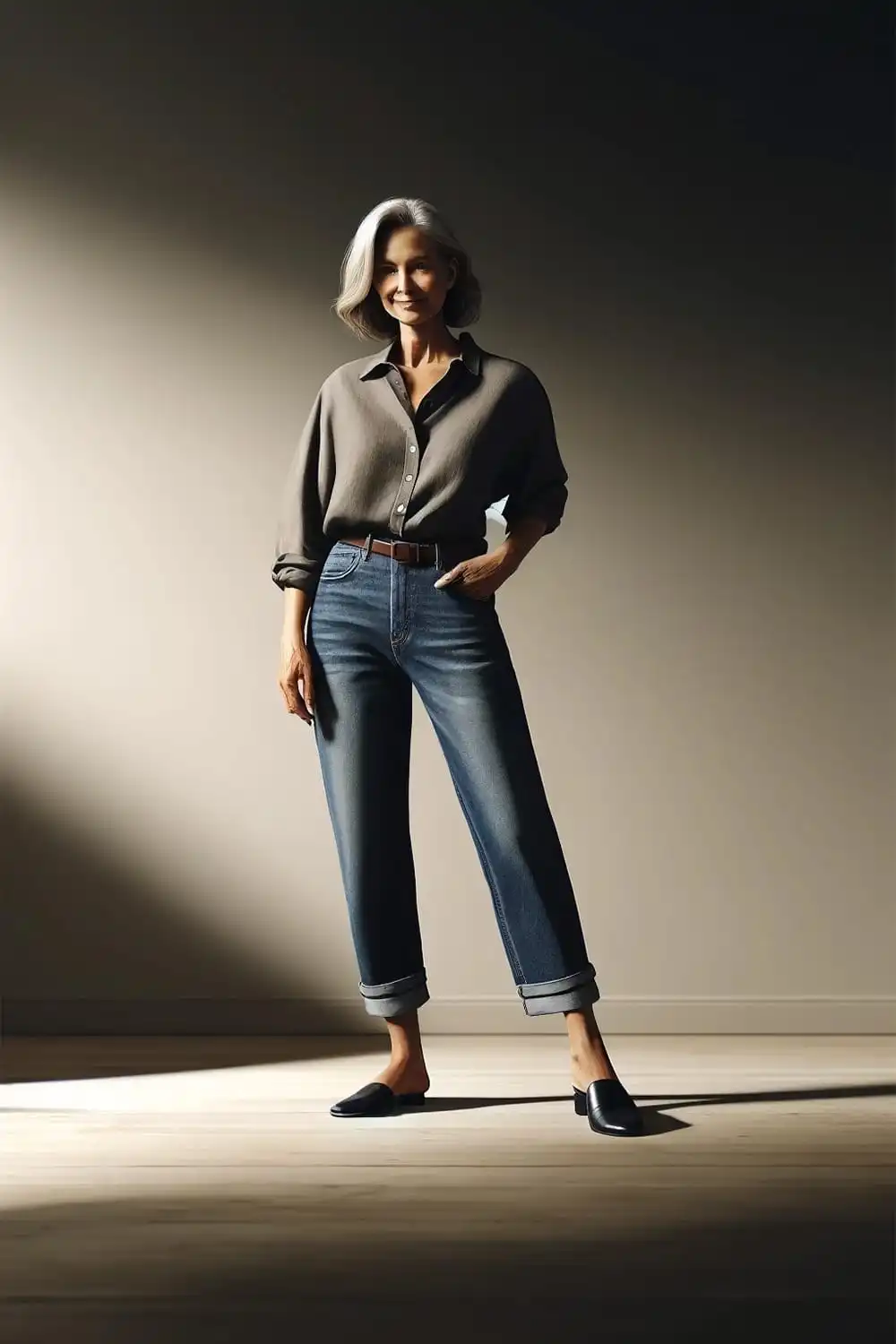 Stylish older woman wearing jeans, blouse and mules.