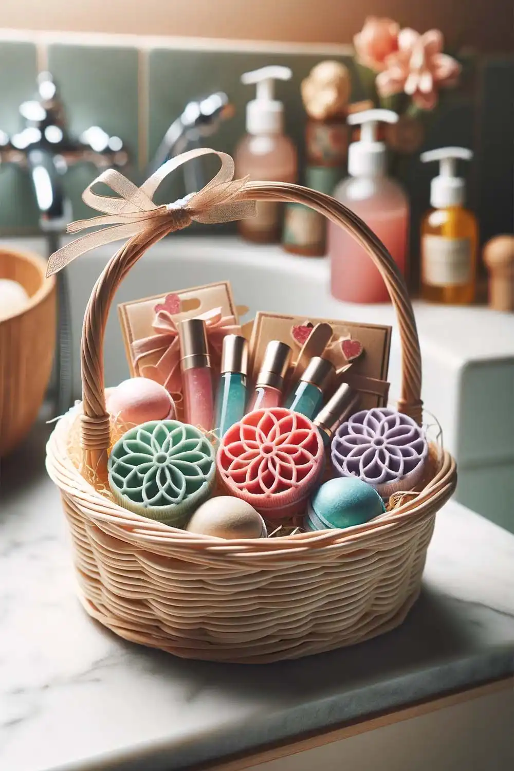 Gift basket with personal care items in bathroom.