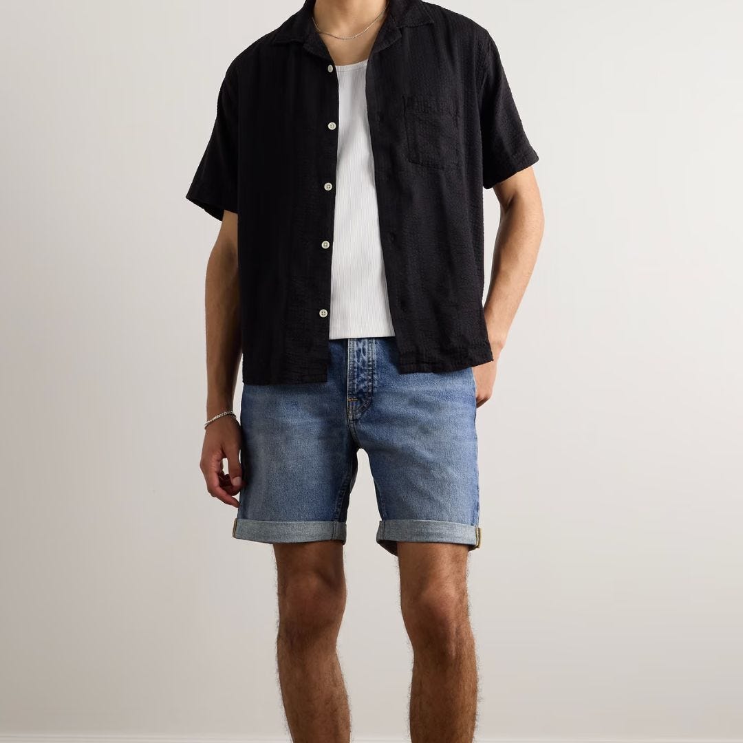 image of a man from the neck down wearing a white t-shirt under a black short sleeve shirt with cuffed jean shorts