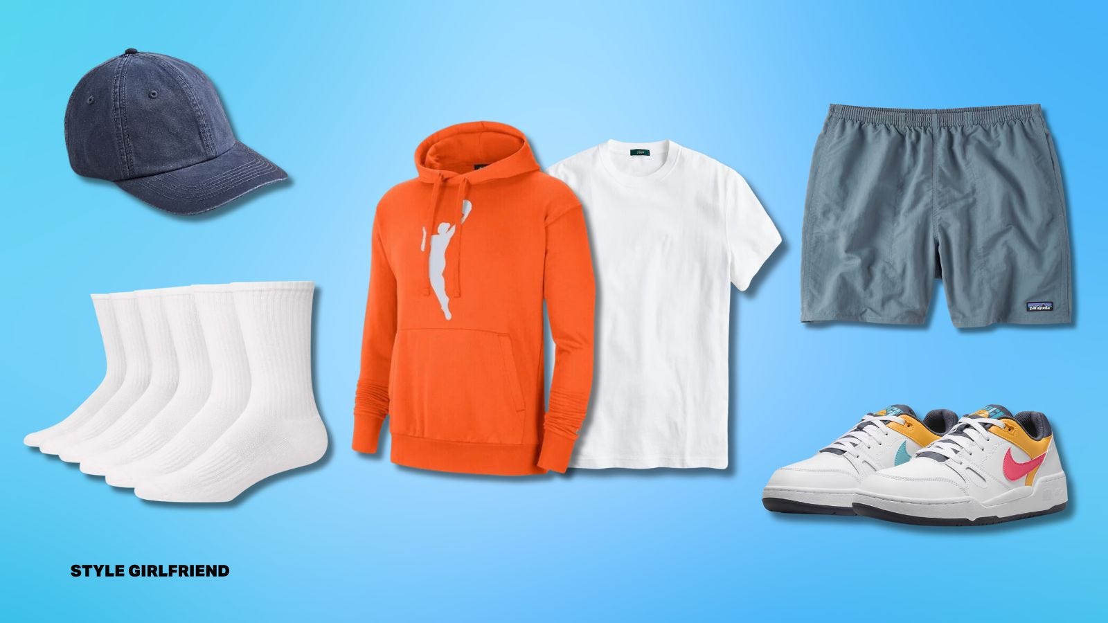 men's wnba hoodie outfit with orange wnba sweatshirt, patagonia baggies, and nike sneakers