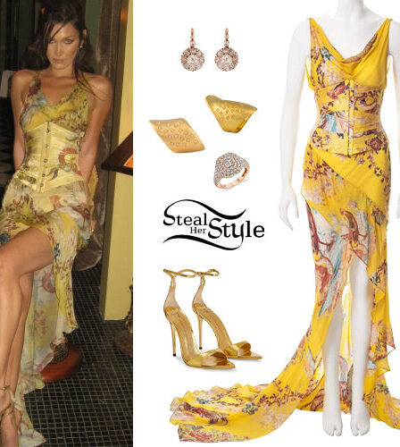Bella Hadid: Printed Dress, Gold Sandals