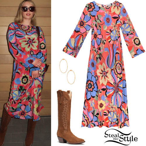 Emma Roberts: Printed Dress, Brown Boots - Fashnfly