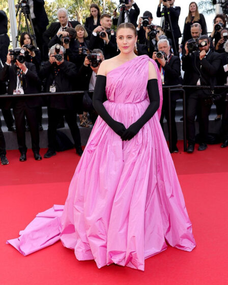 Greta Gerwig Wore Balenciaga Haute Couture To The 'Beating Hearts' Cannes Film Festival Premiere