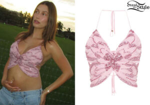 Hailey Baldwin: Pink Butterfly Top