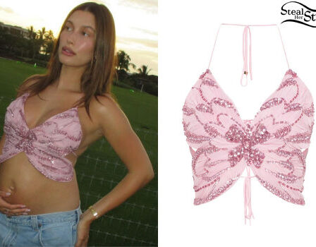Hailey Baldwin: Pink Butterfly Top