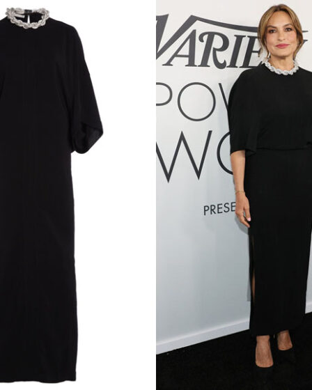 Mariska Hargitay's Stella McCartney Embellished-Collar Cape Sleeve Maxi Dress