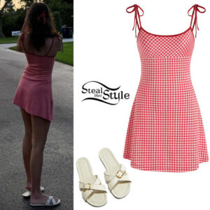 Millie Bobby Brown: Red Check Dress, White Sandals