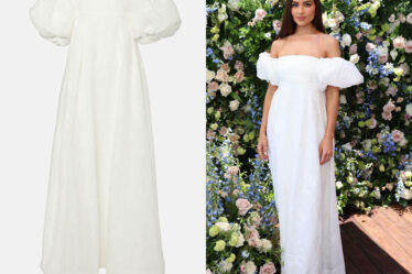 Olivia Culpo's Rebecca Vallance Matchworker Puff-Sleeve Off-Shoulder Gown