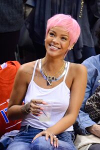 LOS ANGELES CA  MAY 15 Rihanna attends an NBA playoff game between the Oklahoma City Thunder and the Los Angeles...
