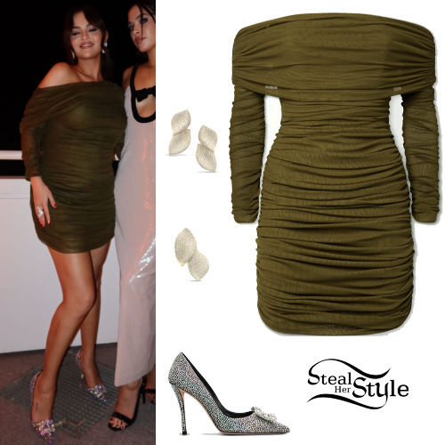 Selena Gomez: Khaki Dress, Crystal Pumps - Fashnfly