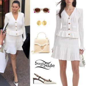 Selena Gomez: White Knit Dress, Slingback Pumps