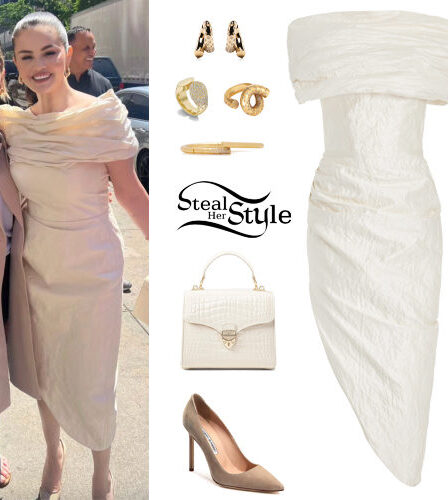 Selena Gomez: White Midi Dress, Suede Pumps