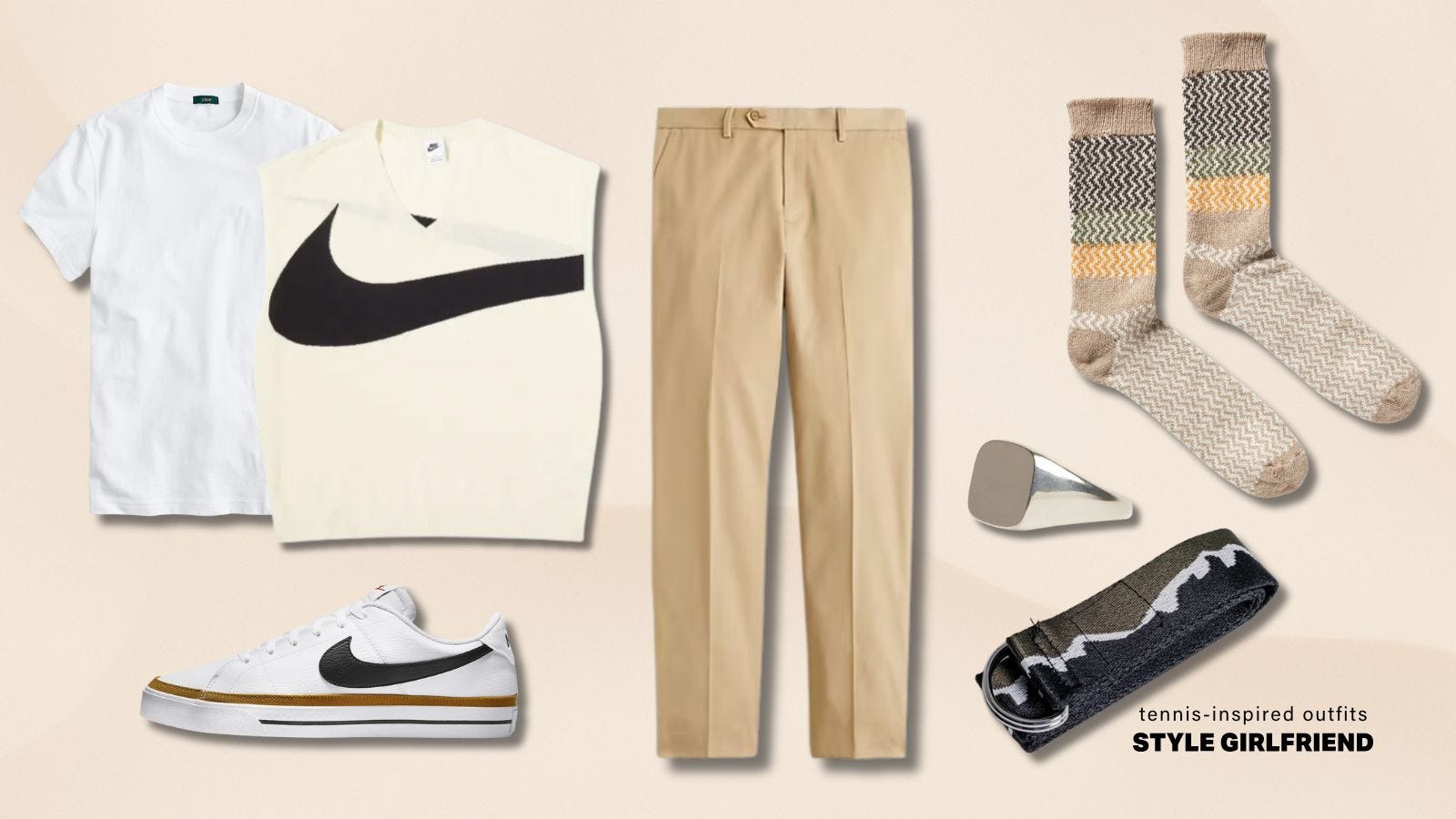 flat lay image of casual, tennis-inspired men's outfit including a cream-colored sweater vest, white t-shirt, tan trousers, socks, a signet ring, and white tennis shoes