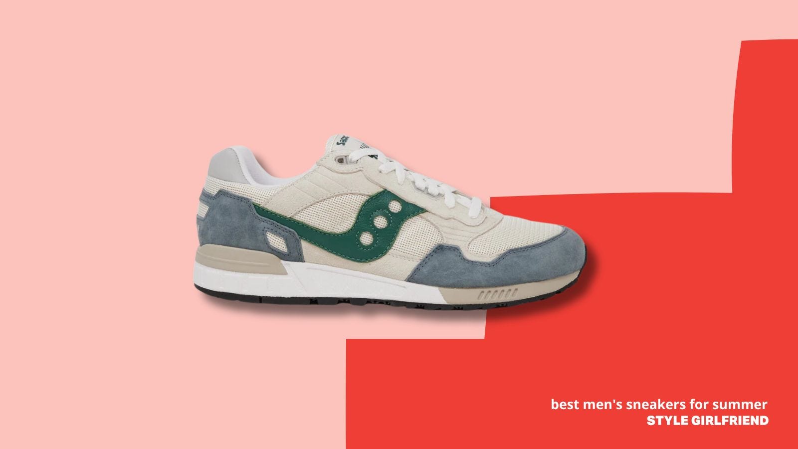 Saucony Shadow 50000 grey and green sneaker against a pink background. text on-screen reads: best men's sneakers for summer, Style Girlfriend 