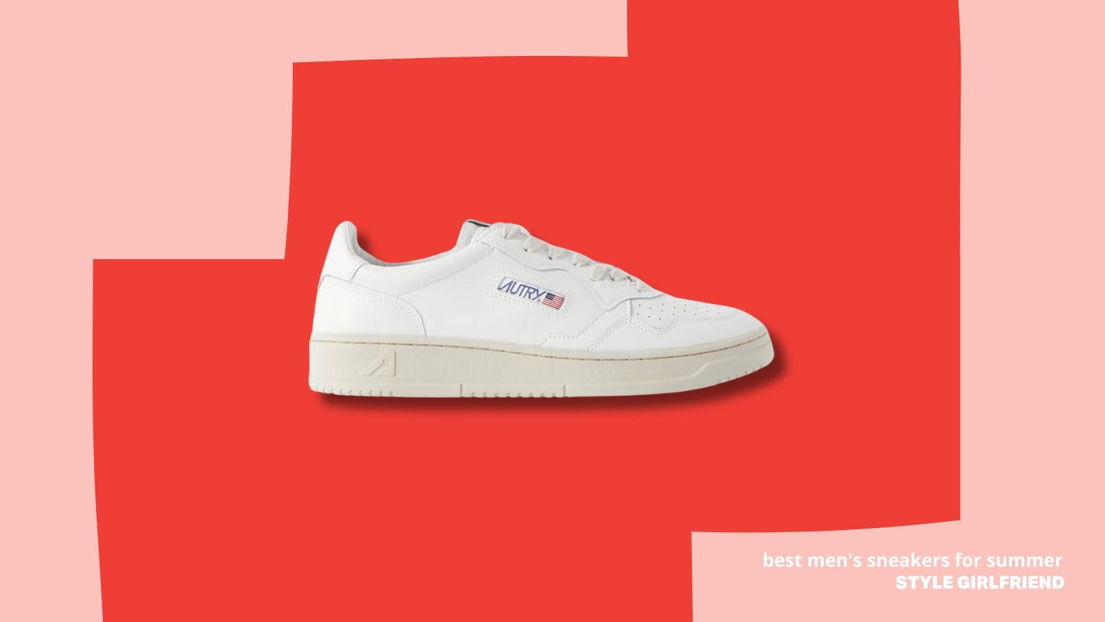 white leather autry sneakers against a red background, text on-screen reads 'best summer sneakers for men'