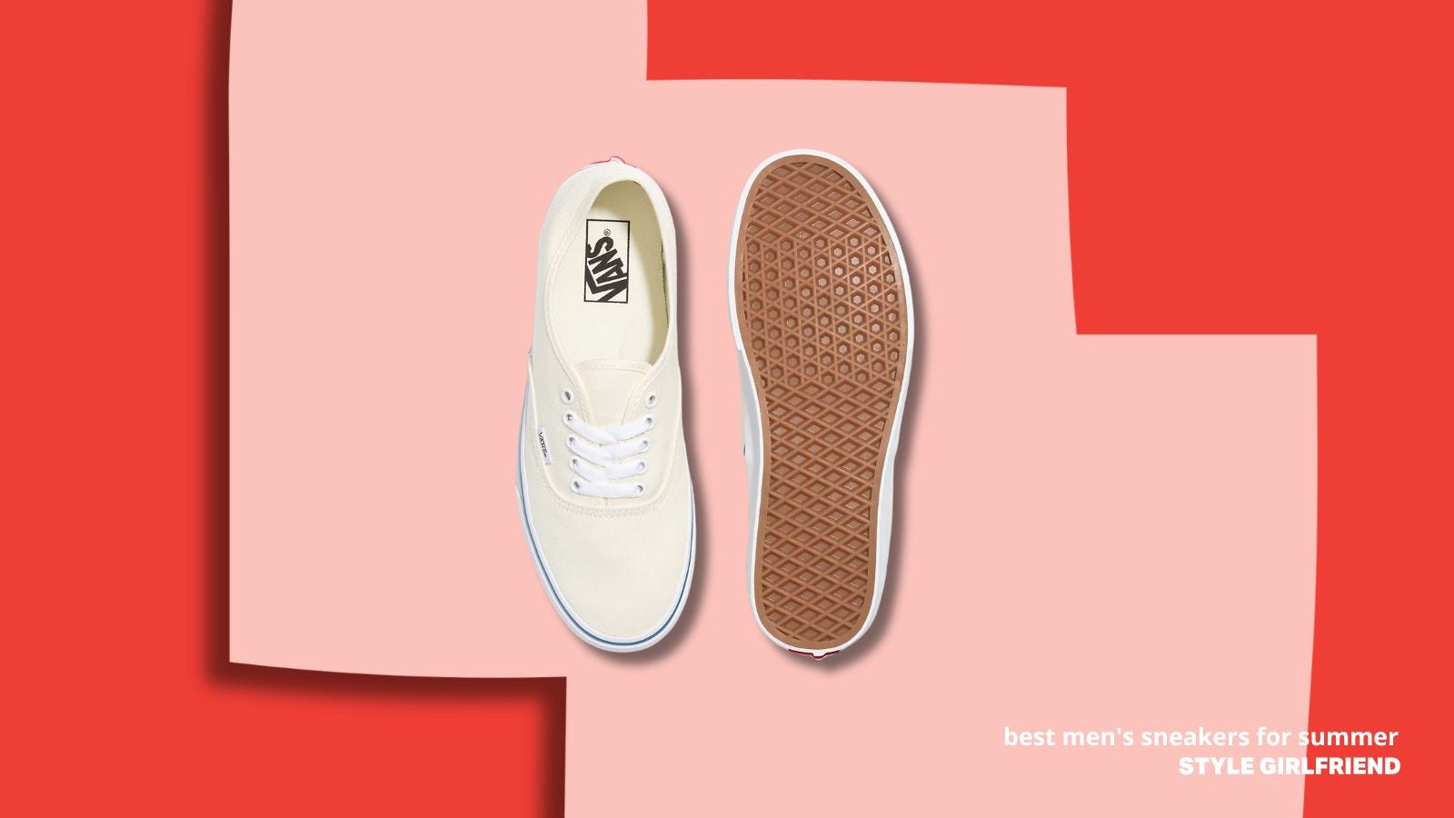 a pair of off-white men's canvas sneakers against a pink and red background, text on-screen reads: best men's sneakers for summer, Style Girlfriend