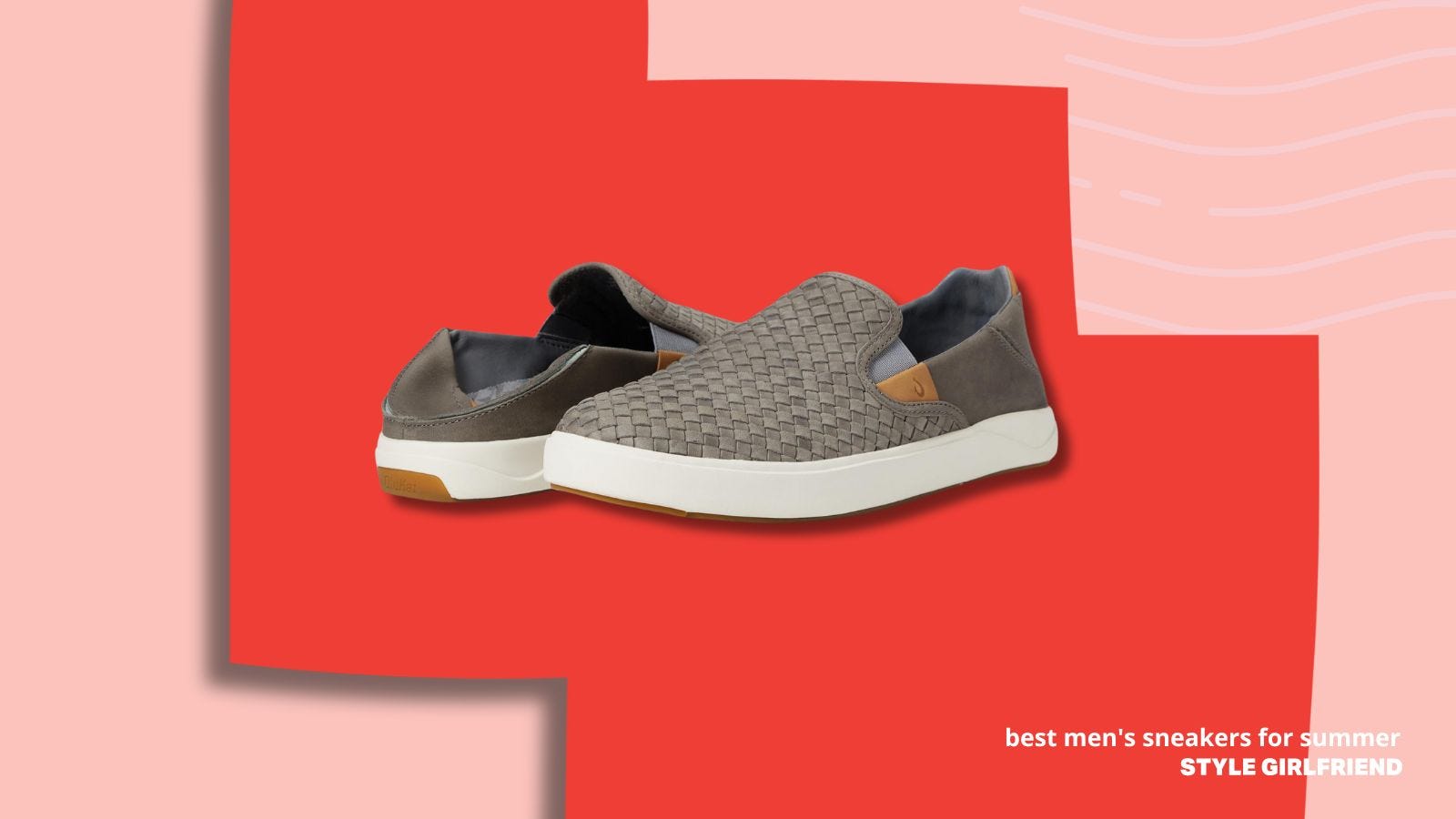 pair of OluKai Lae'ahi Lauhala leather woven slip on sneakers. text on-screen reads: best men's sneakers for summer