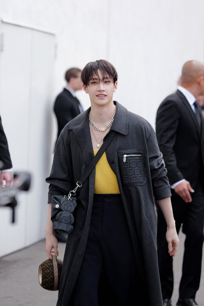Bang Chan is seen arriving at the Fendi Spring/Summer 2025 Fashion Show 
