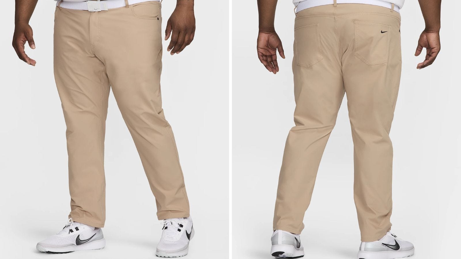 side by side image of the lower half of a man in tan golf pants from the front (on the left) and the back (on the right), included in a roundup of Nike picks from PGA player Tony Finau