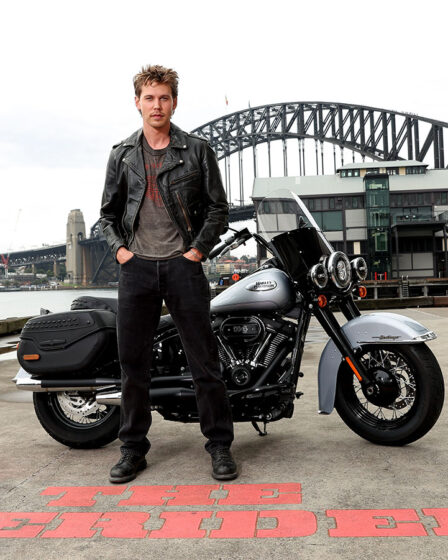 Austin Butler Rocks A Vintage Harley Davidson Jacket For 'The Bikeriders' Sydney Press Conference