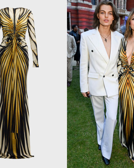 Elizabeth Hurley's Roberto Cavalli Long Printed Knot-Front Gown