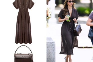 Jessica Alba's Philosophy Di Lorenzo Serafini V-Neck Pleat-Detail Dress & Tod's T-Case Boston Bag