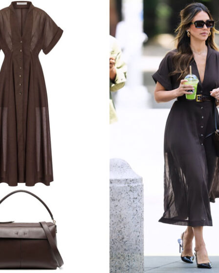 Jessica Alba's Philosophy Di Lorenzo Serafini V-Neck Pleat-Detail Dress & Tod's T-Case Boston Bag