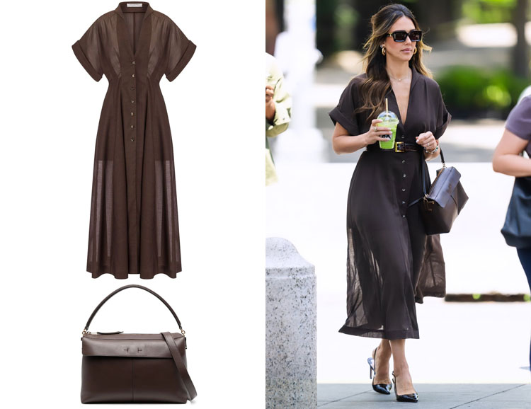 Jessica Alba's Philosophy Di Lorenzo Serafini V-Neck Pleat-Detail Dress & Tod's T-Case Boston Bag